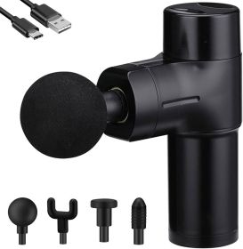 Mini Massage Gun Small Pocket Size Portable Compact Percussion Massager for Travel Gym, 4 Heads 4 Speed (Color: Black)